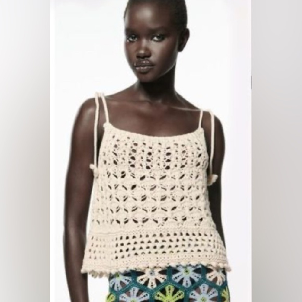 Zara Crochet Top 100% Cotton Flower Ties Cream Size S